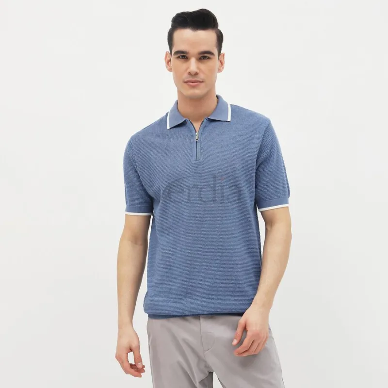 Men's Muted Steel Blue Cotton Polo Collar Casual T-Shirt