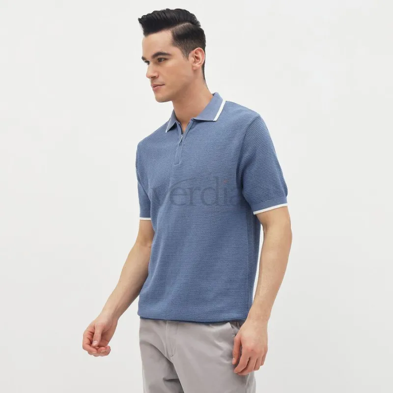 Men's Muted Steel Blue Cotton Polo Collar Casual T-Shirt