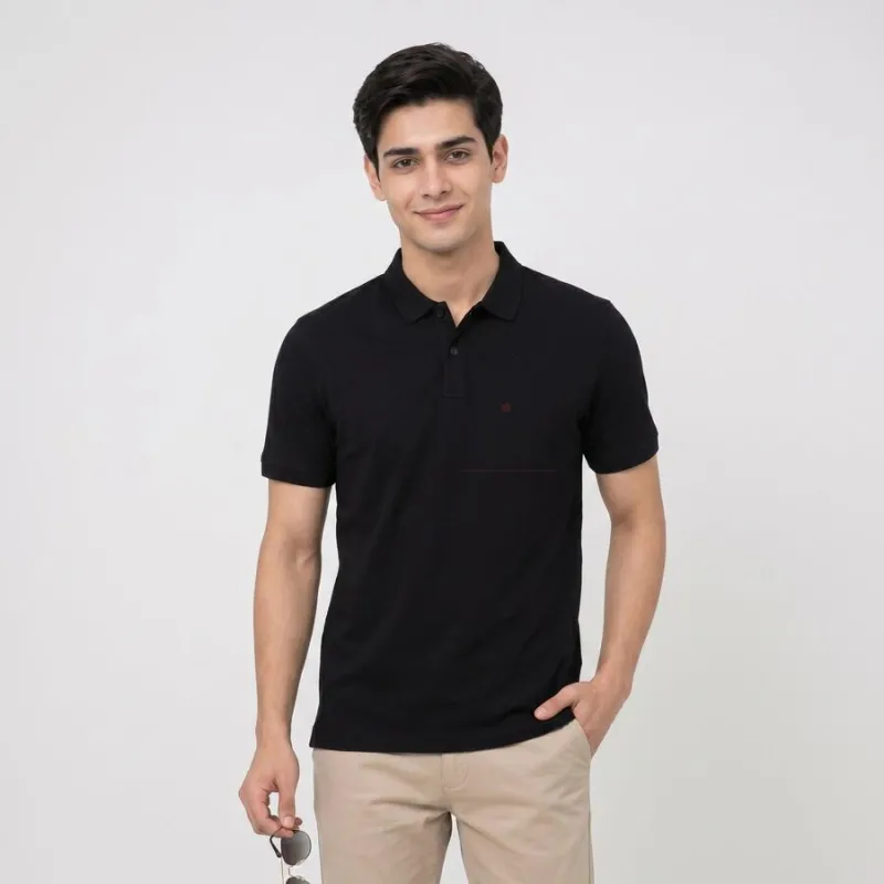Men's Black Cotton Polo Neck Solid T-Shirt