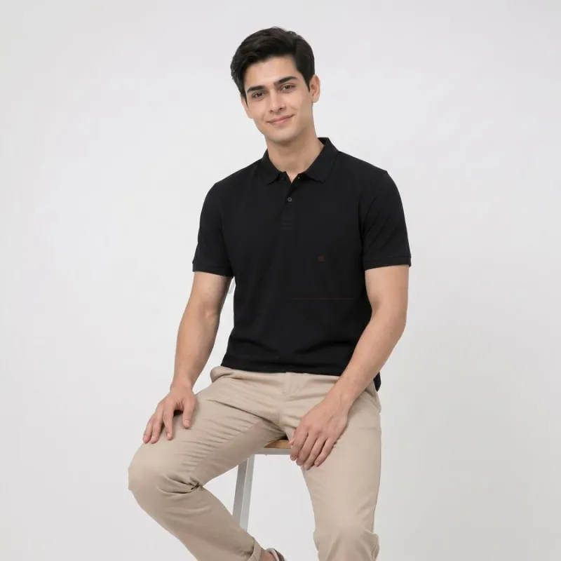 Men's Black Cotton Polo Neck Solid T-Shirt