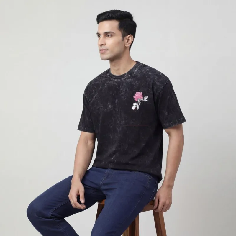 Men's Black Cotton Round Neck Casual T-Shirt