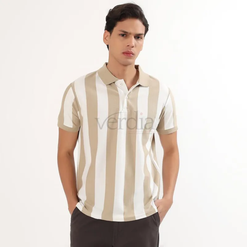 Men's Beige and White Polo Neck Striped T-Shirt