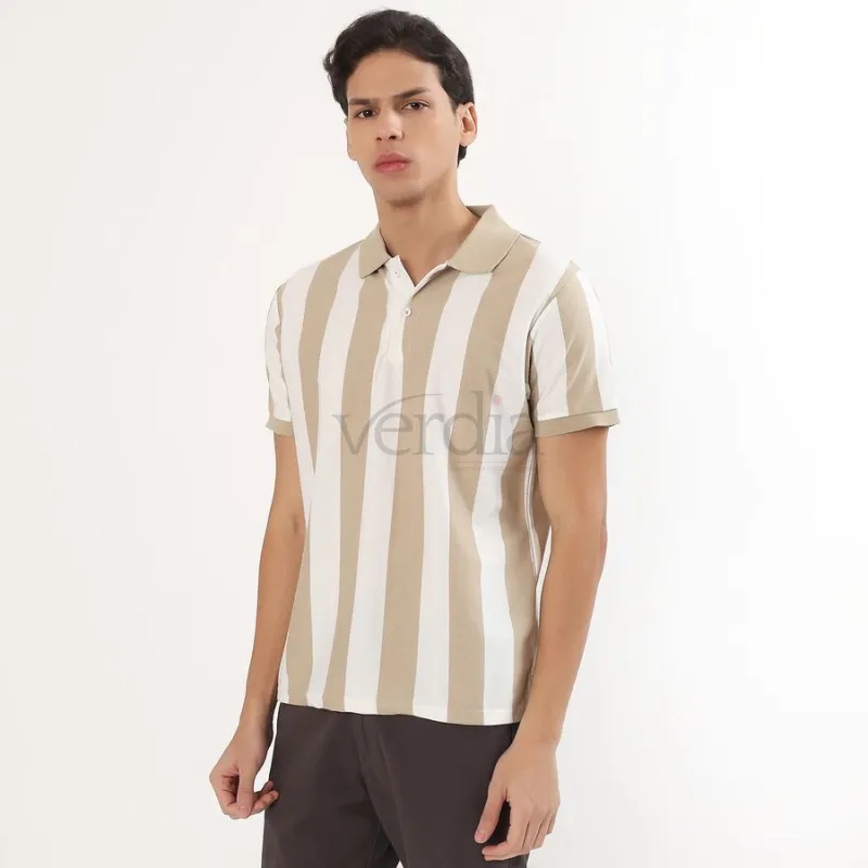 Men's Beige and White Polo Neck Striped T-Shirt view 3