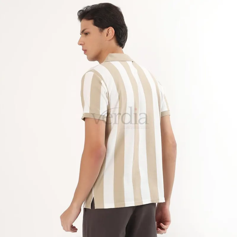 Men's Beige and White Polo Neck Striped T-Shirt view 4
