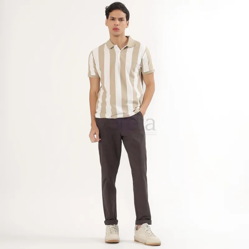 Men's Beige and White Polo Neck Striped T-Shirt view 6