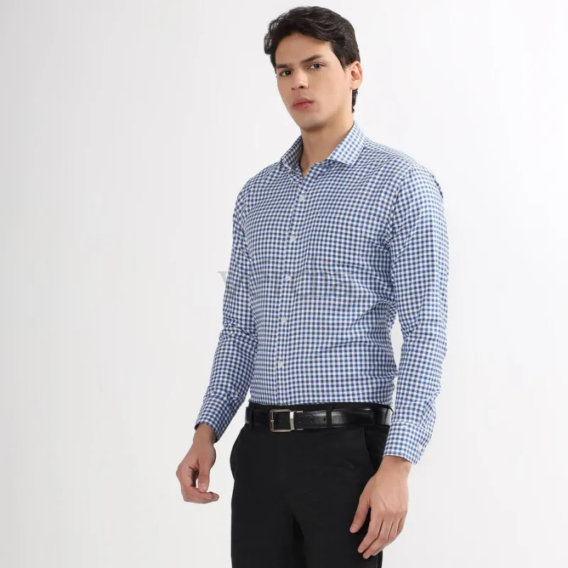 Men's Bright Blue Checked Cut Away Collar Slim Fit Shirt view 3