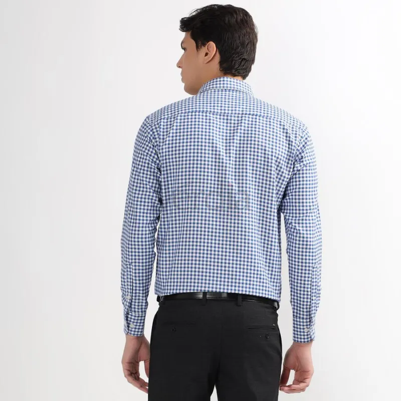 Men's Bright Blue Checked Cut Away Collar Slim Fit Shirt view 4