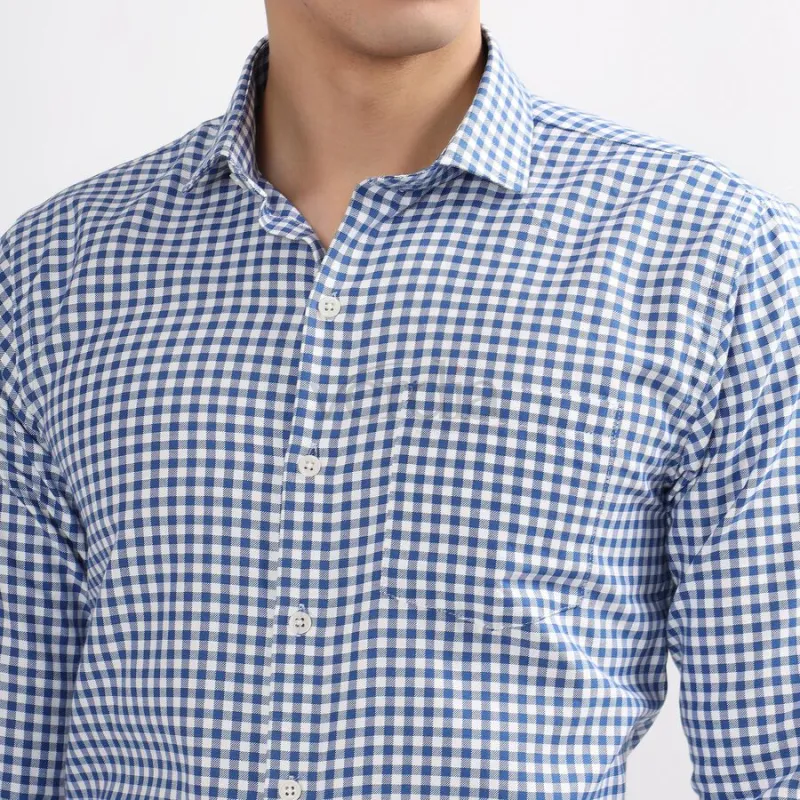 Men's Bright Blue Checked Cut Away Collar Slim Fit Shirt view 5