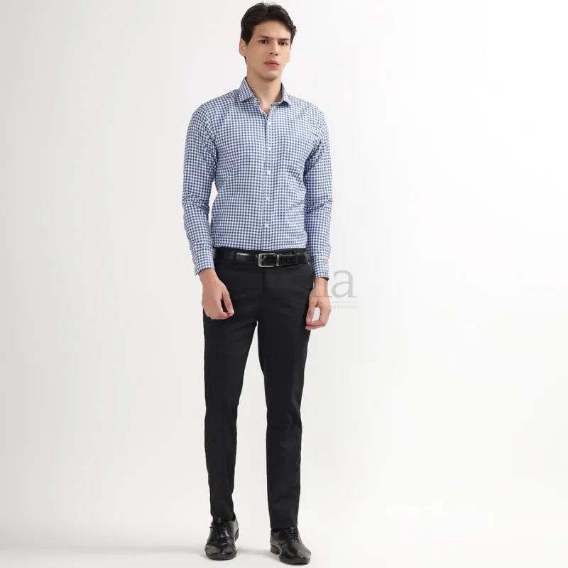 Men's Bright Blue Checked Cut Away Collar Slim Fit Shirt view 6