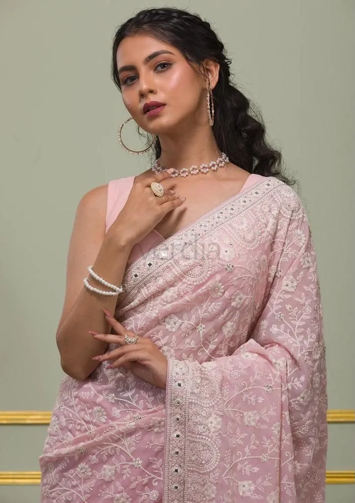 Faux Georgette Saree with White Thread & Sequins Work with Gota Patti Embroidery Borders, view 11