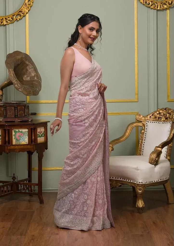 Faux Georgette Saree with White Thread & Sequins Work with Gota Patti Embroidery Borders, view 12