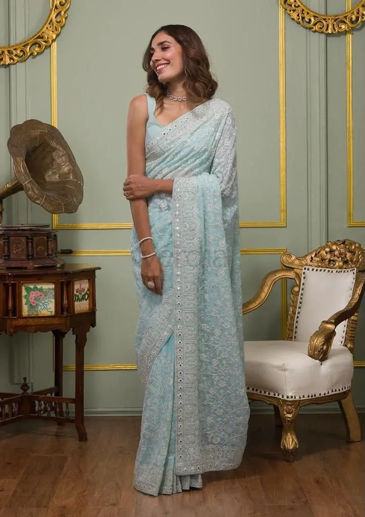 Faux Georgette Saree with White Thread & Sequins Work with Gota Patti Embroidery Borders, view 3