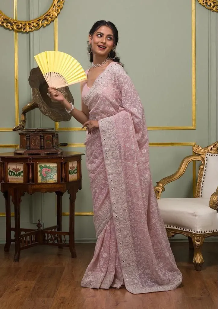 Faux Georgette Saree with White Thread & Sequins Work with Gota Patti Embroidery Borders, view 4