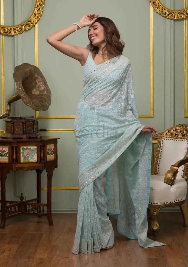 Faux Georgette Saree with White Thread & Sequins Work with Gota Patti Embroidery Borders, view 5