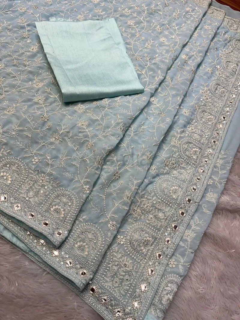 Faux Georgette Saree with White Thread & Sequins Work with Gota Patti Embroidery Borders, view 6