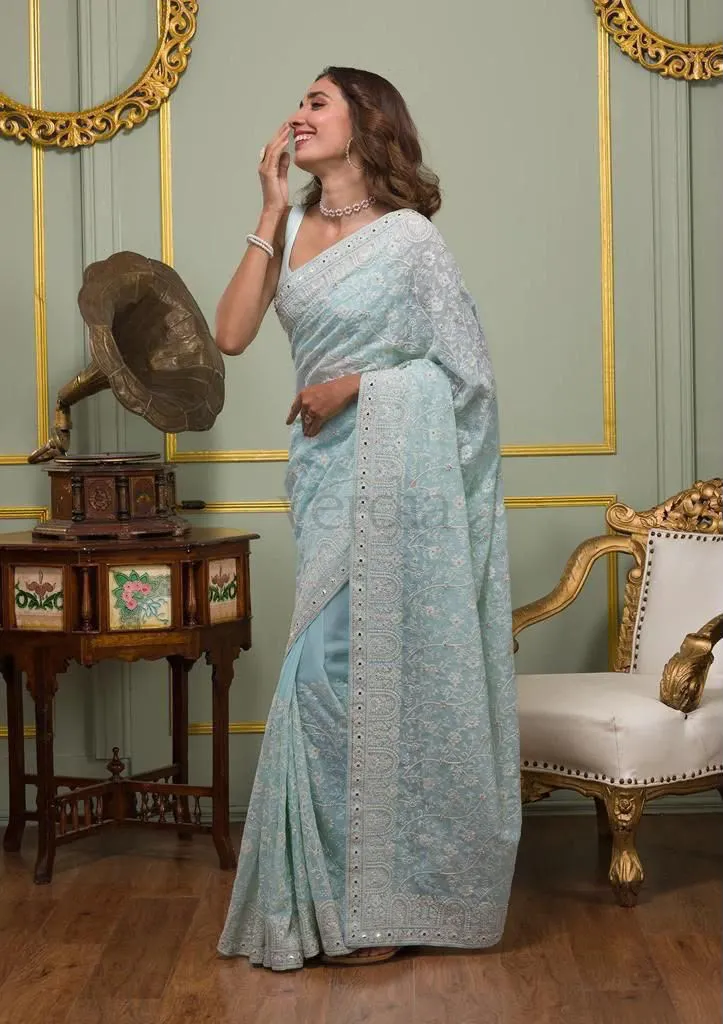 Faux Georgette Saree with White Thread & Sequins Work with Gota Patti Embroidery Borders,