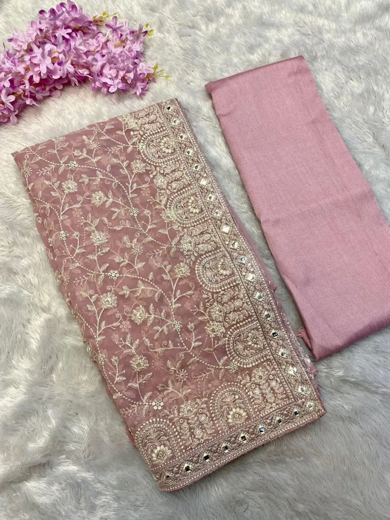 Faux Georgette Saree with White Thread & Sequins Work with Gota Patti Embroidery Borders, view 7