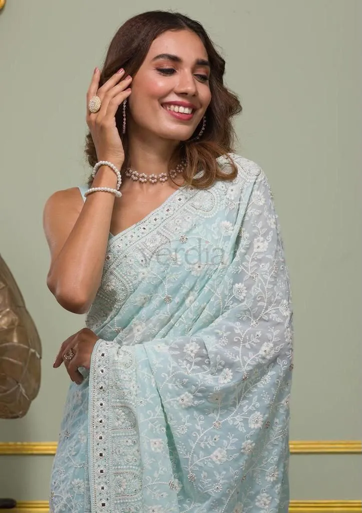 Faux Georgette Saree with White Thread & Sequins Work with Gota Patti Embroidery Borders, view 10