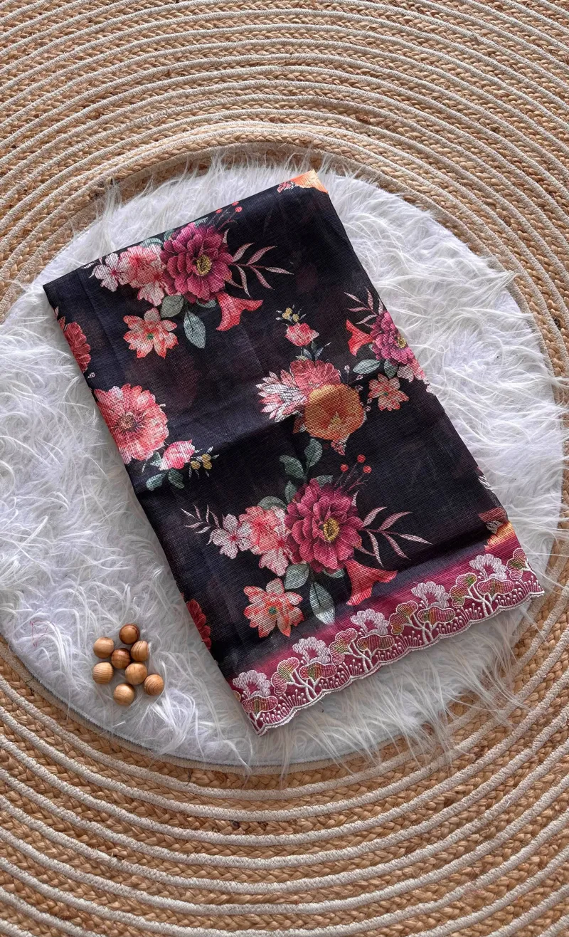 Kota Doria Floral Digital Print Saree with Embroidery Thread Work view 2