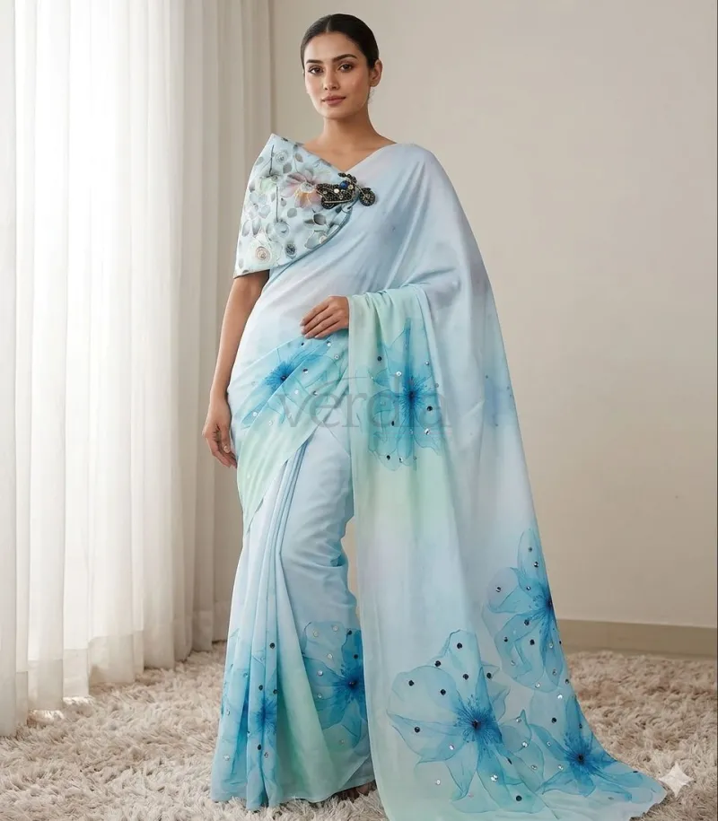 Digital Print Crepe Saree with Georgette Blouse