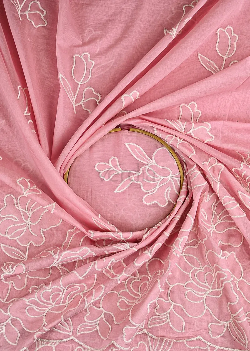 Pink Cotton Saree with Intricate Thread Embroidery and Scalloped Border view 3