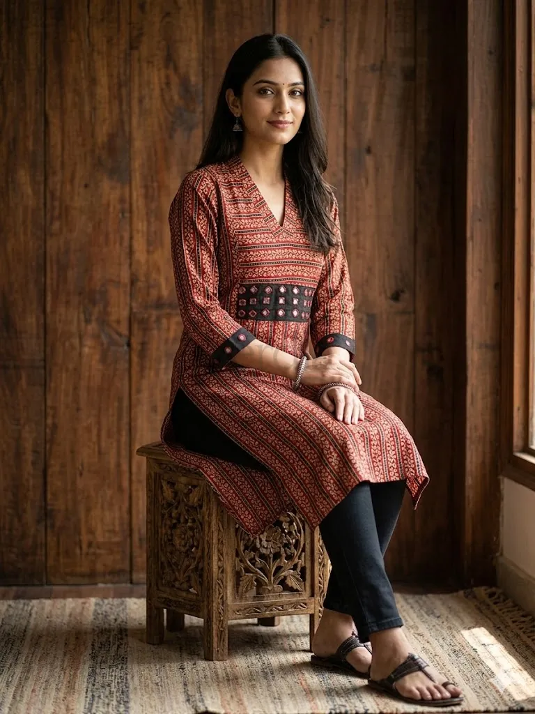 Exclusive Ajrakh Print Cotton Kurti with Mirror Detail view 2