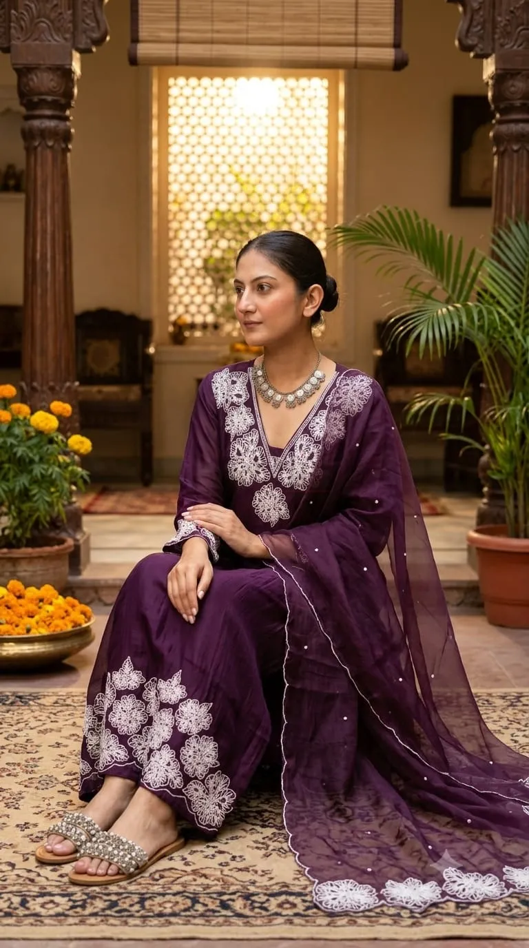 Mal Chanderi Kurti Set view 3