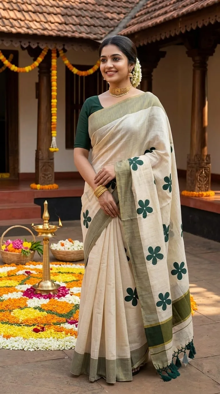 Golden Tissue Saree with Green Flower Embroidery, Zari Plain Border and Tassel Pallu (with Blouse) view 2