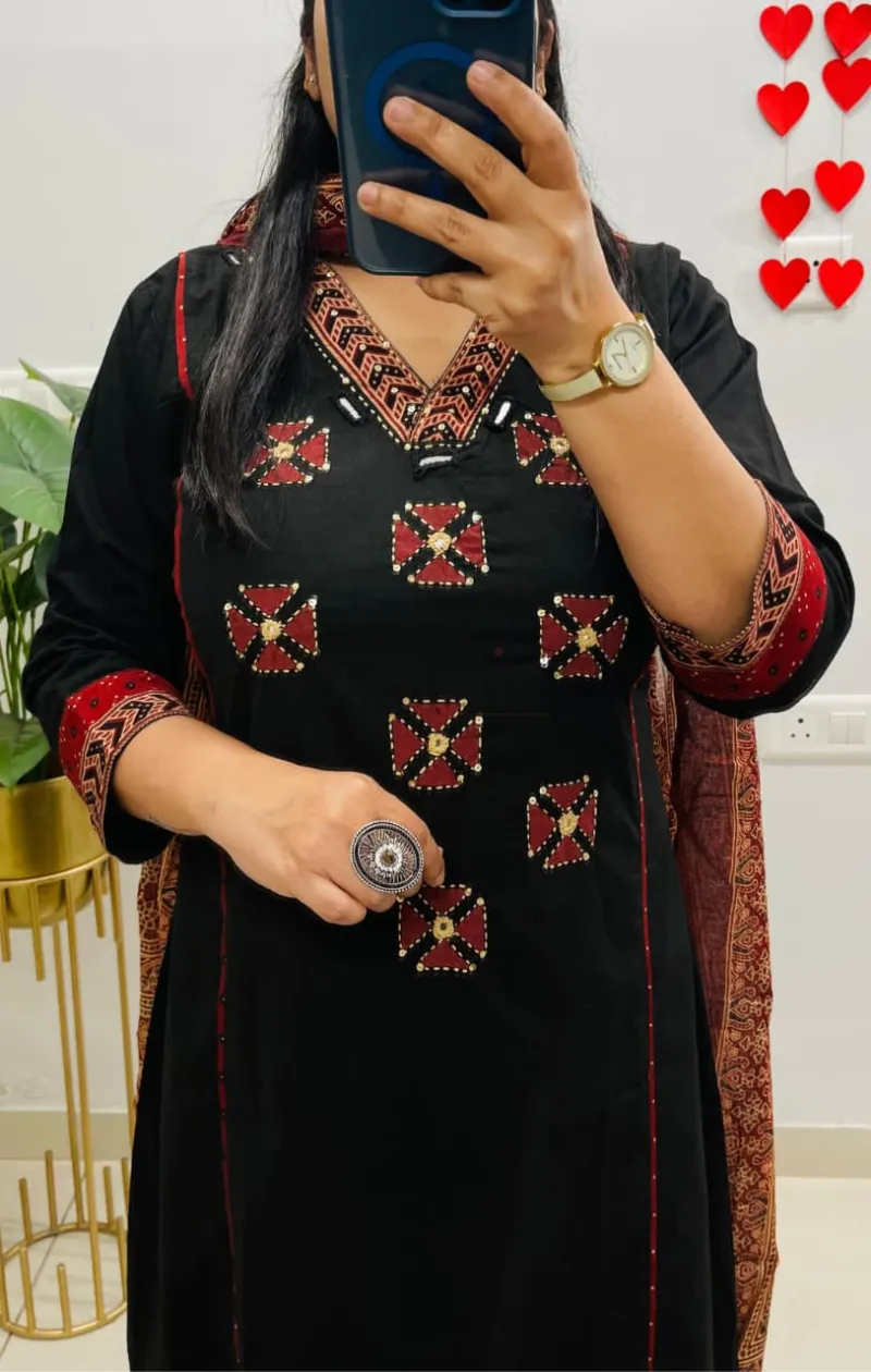 Designer Kurti Set in Dhabu Cotton with Applique and Mirror Embroidery
