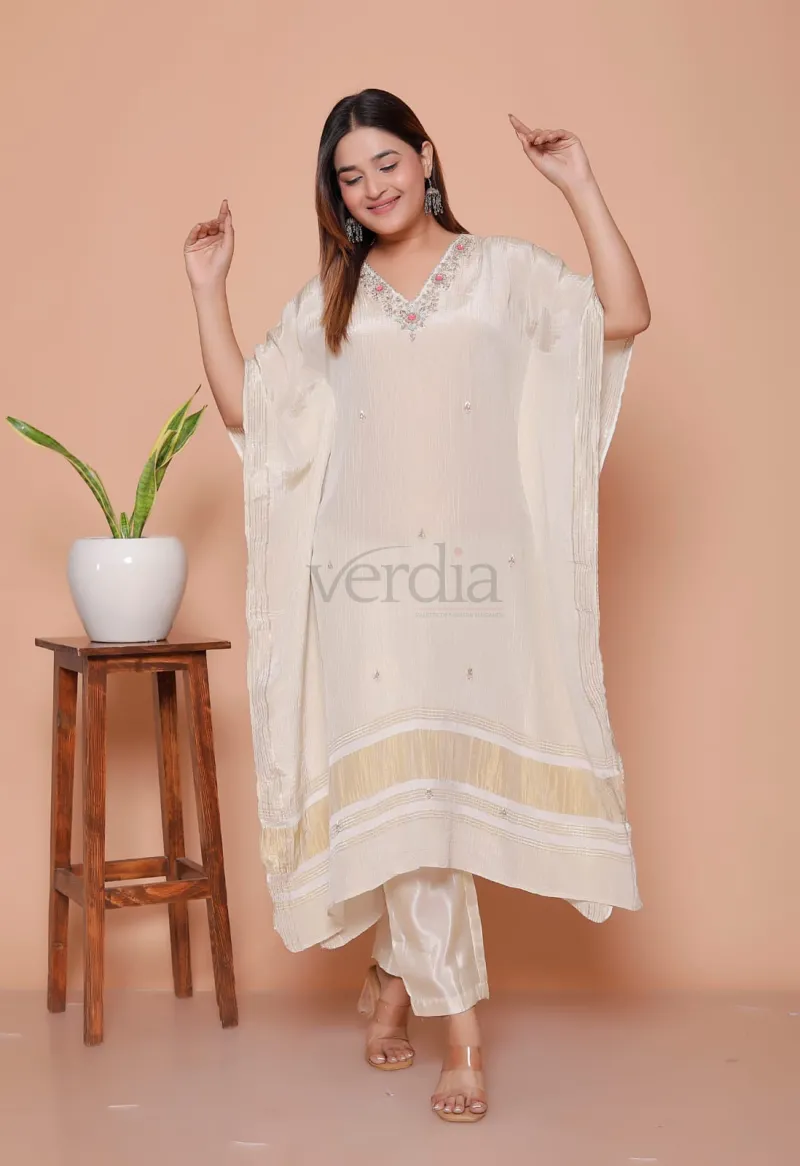 Kaftan and Pant Set in Tissue Crush Fabric with Zardozi Handwork view 2