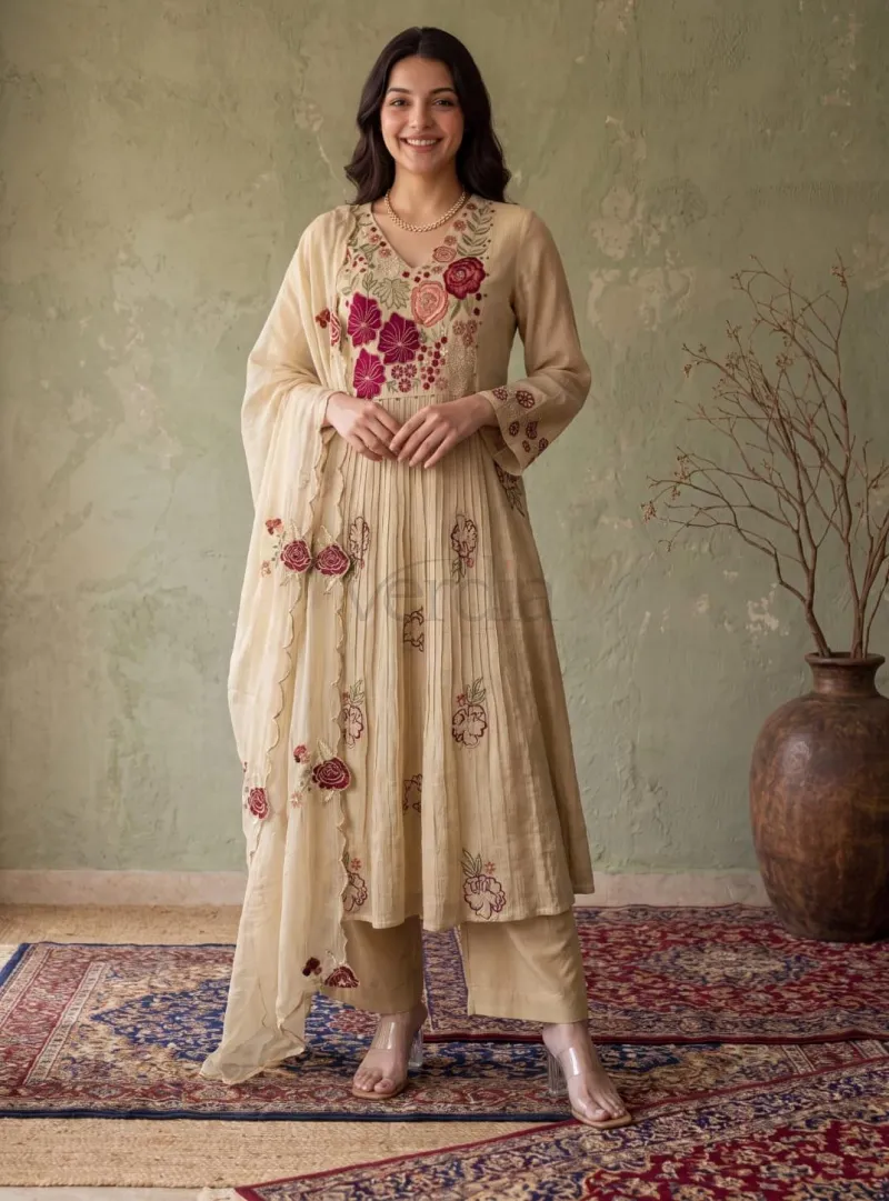 Three Piece Crush Cotton Kurti Set