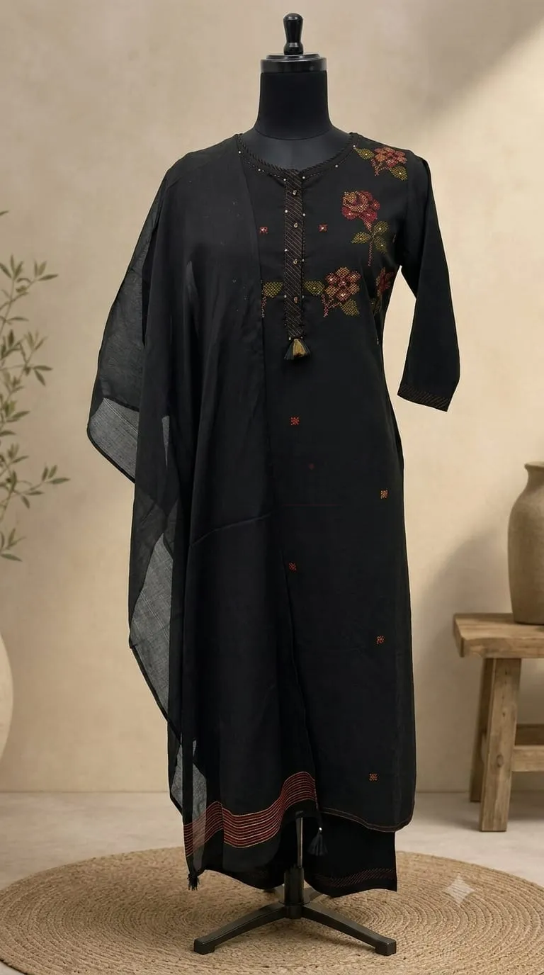 Premium Linen Cotton Kurta Set with Kantha and Anchor Work view 3