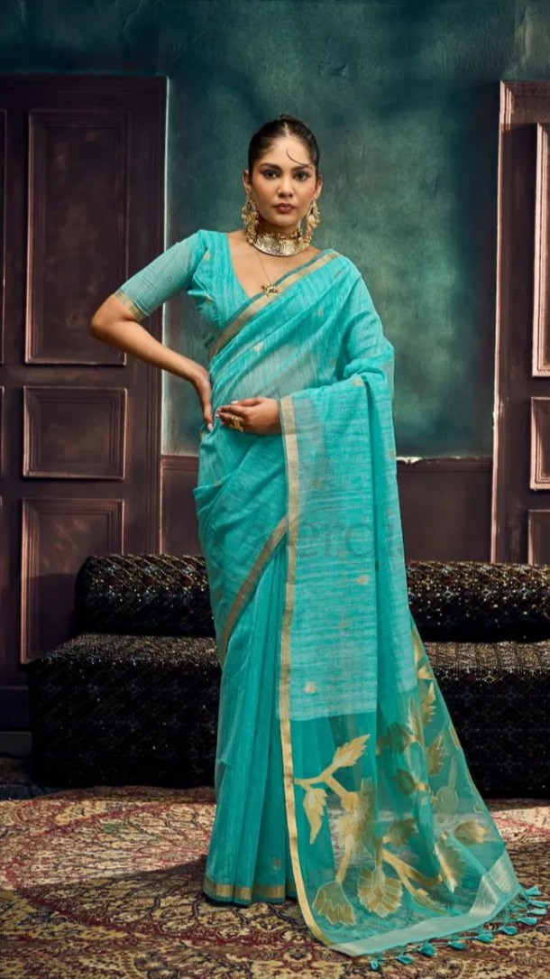 Pure Munga Silk Handloom Weaving Saree with Gold Zari Border view 8