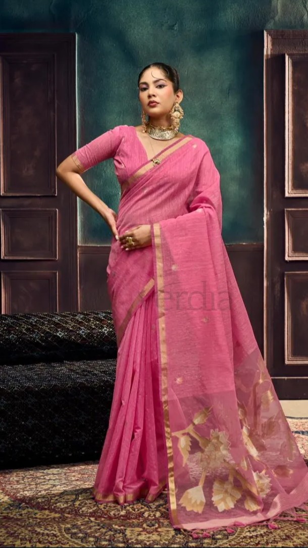 Pure Munga Silk Handloom Weaving Saree with Gold Zari Border view 9