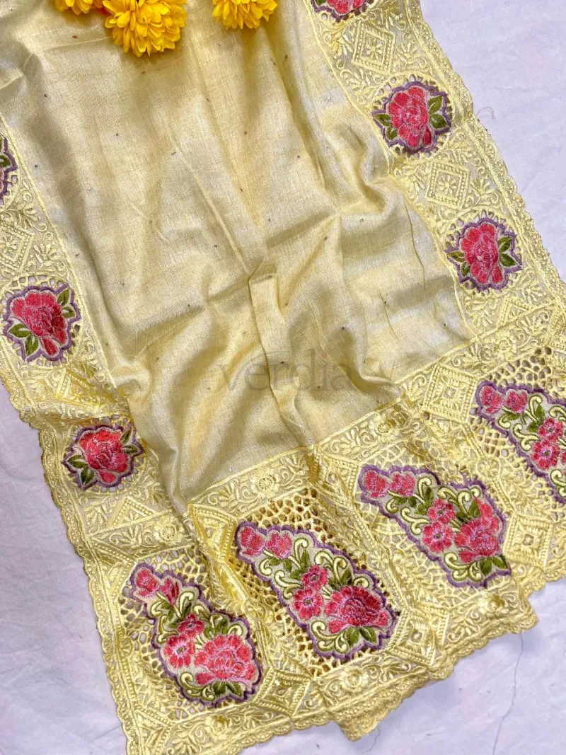 Soft Tussar Silk Saree with Fine Embroidery and Cutwork view 3