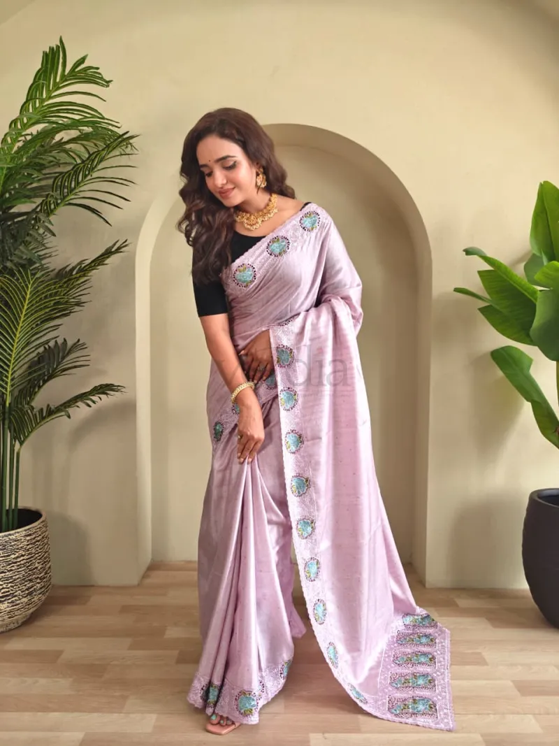 Soft Tussar Silk Saree with Fine Embroidery and Cutwork view 4