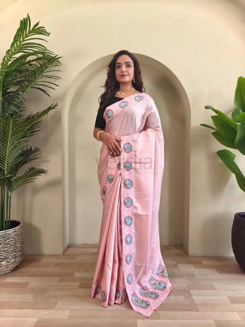 Soft Tussar Silk Saree with Fine Embroidery and Cutwork view 6