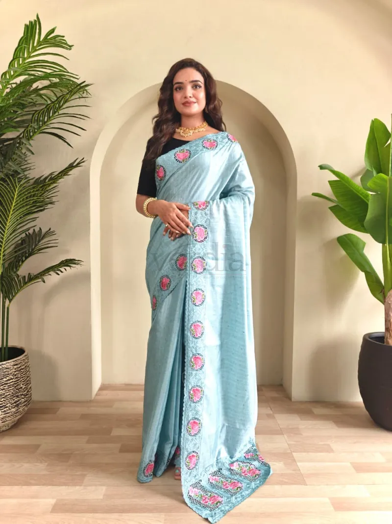 Soft Tussar Silk Saree with Fine Embroidery and Cutwork
