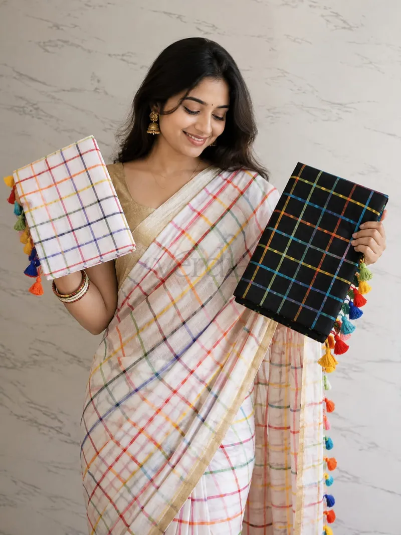 Black and White Handloom Rainbow Check Saree view 3