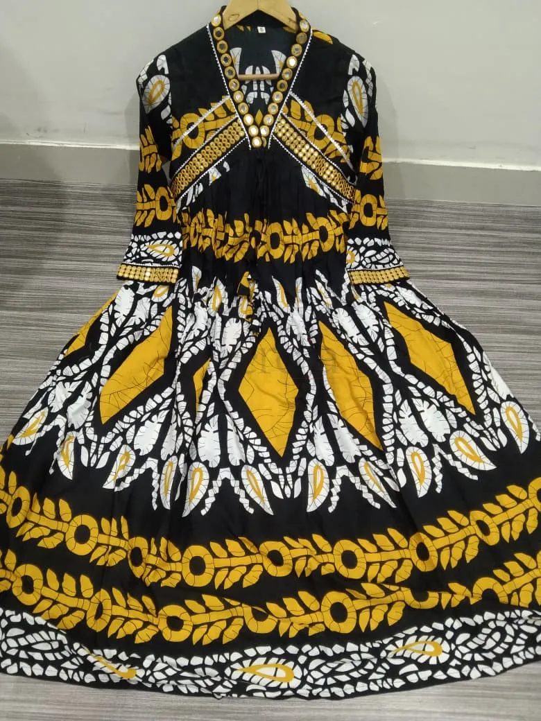 Designer Jaipuri Printed Rayon Dress with Mirror and Tassel Work view 2