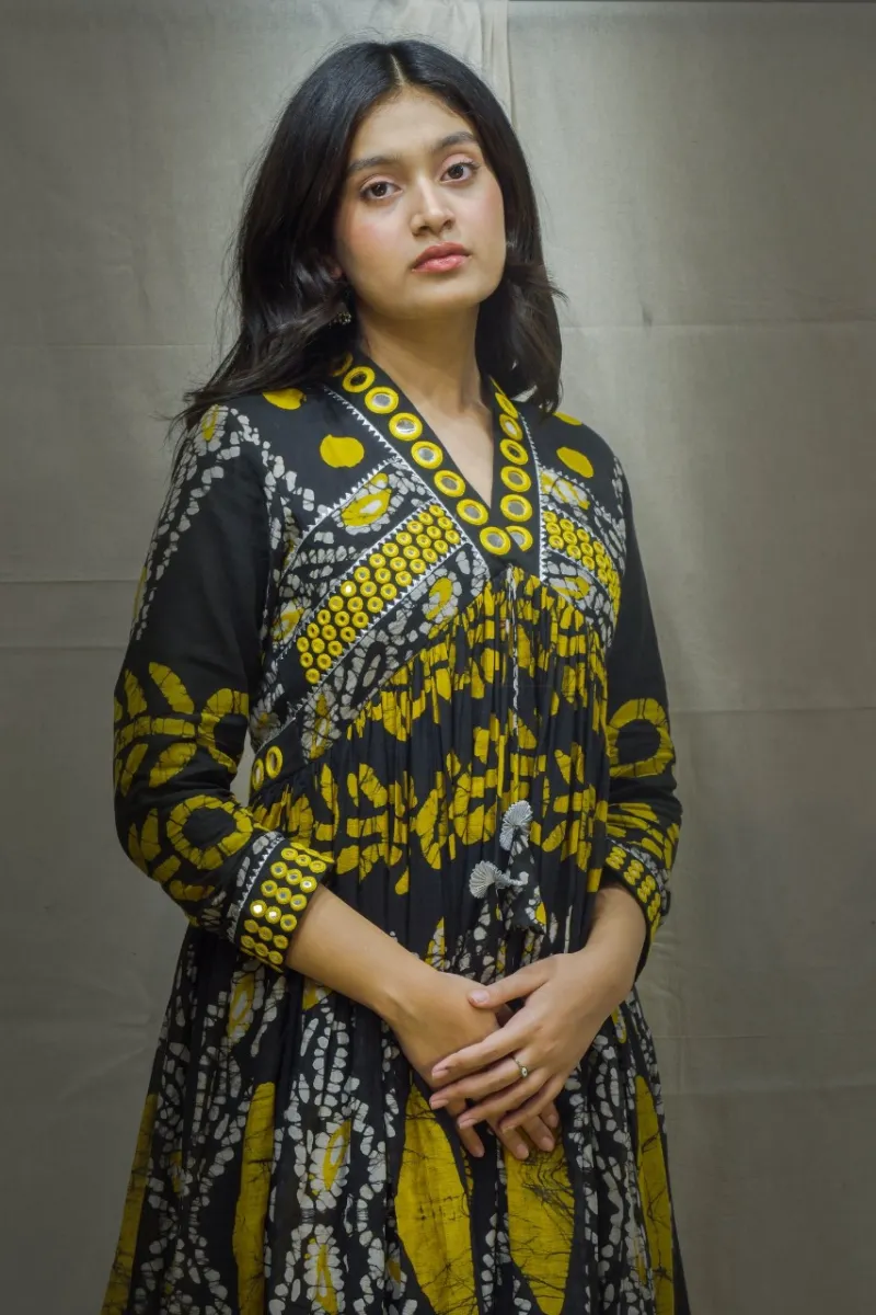 Designer Jaipuri Printed Rayon Dress with Mirror and Tassel Work