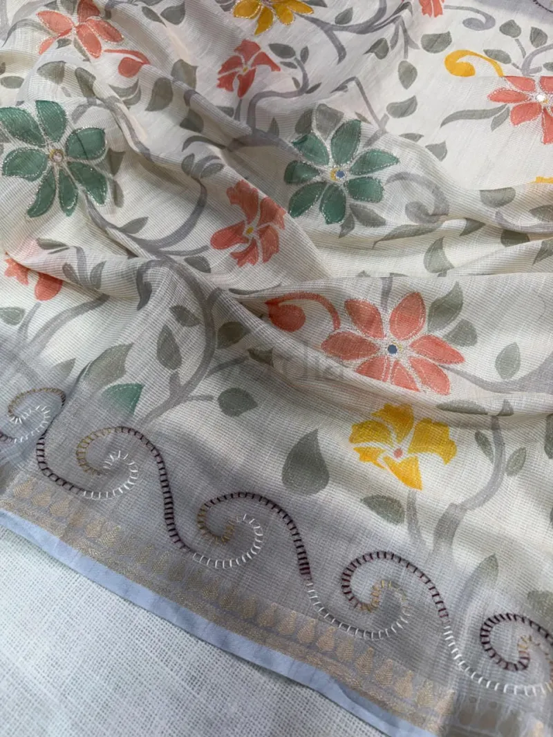 Designer Printed Saree with Katha Work view 2