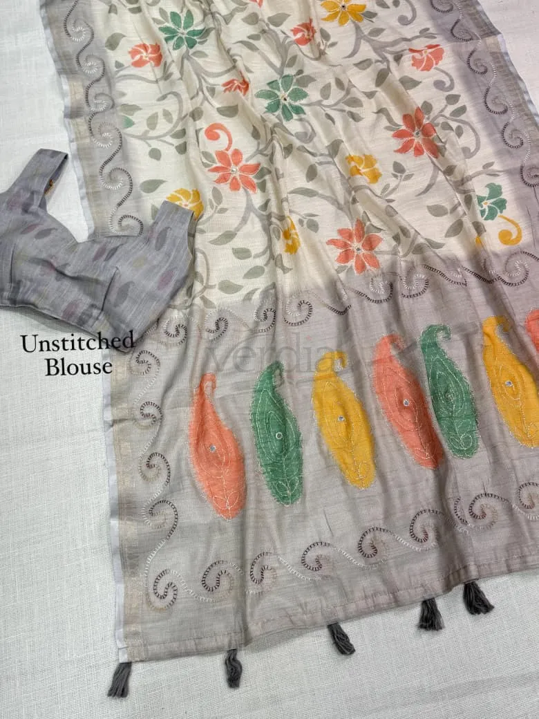 Designer Printed Saree with Katha Work