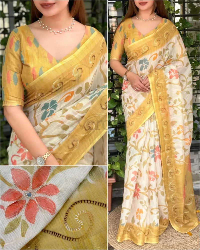 Designer Printed Saree with Katha Work view 4