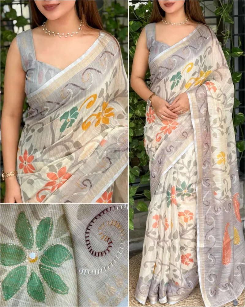Designer Printed Saree with Katha Work view 5