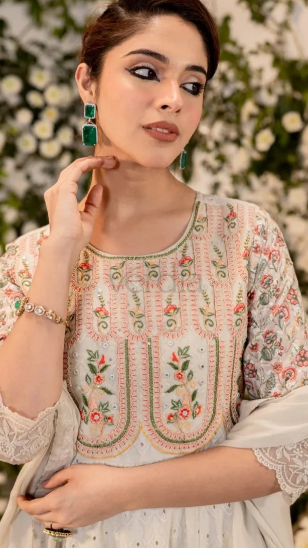 Three Piece Cotton Schiffili Full Flair Anarkali Kurti with embroidery view 3