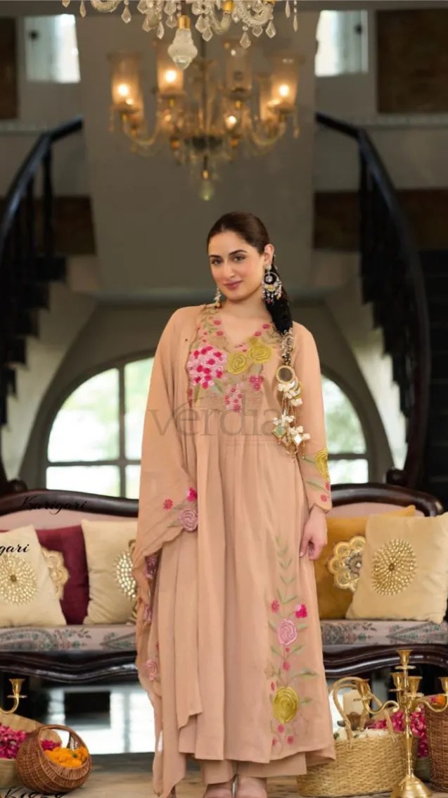 Premium cotton crush 3 piece suit with applique work view 2