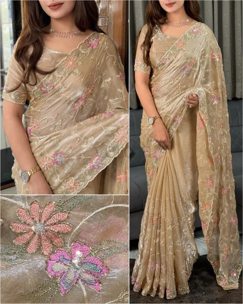 Ethereal dusty colored two-tone saree, crafted in Fendy satin. view 3