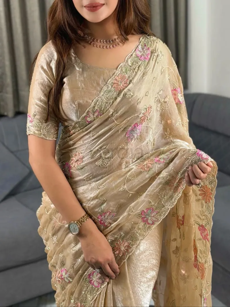 Ethereal dusty colored two-tone saree, crafted in Fendy satin. view 7