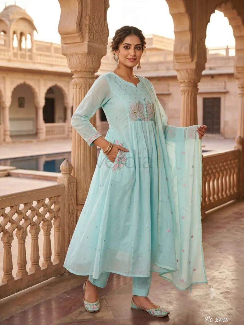 Premium mul cotton flared and pleated kurta with embroidery view 2
